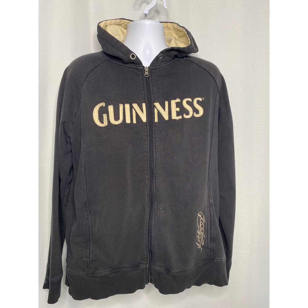 Guinness Mens Full Zip Hoodie Black Embroidered Logo Sweatshirt 2XL Heavyweight